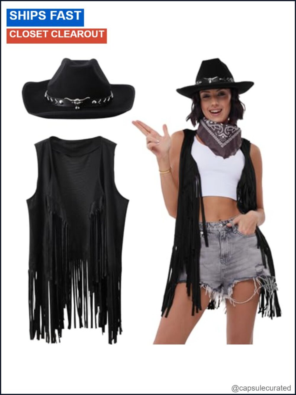 Faux Suede Fringe Vest Cowboy Costume Set with Hat & Bandana for Halloween